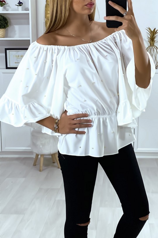 White boat neck blouse with pearls and ruffle sleeves - 4