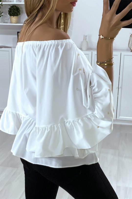 Witte boothals blouse met parels en ruche mouwen - 6