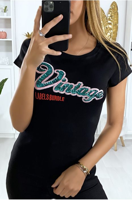 Black T-shirt with embroidered and sequined writing VINTAGE - 1