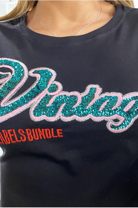 Zwart T-shirt met geborduurd en lovertjes opschrift VINTAGE - 3