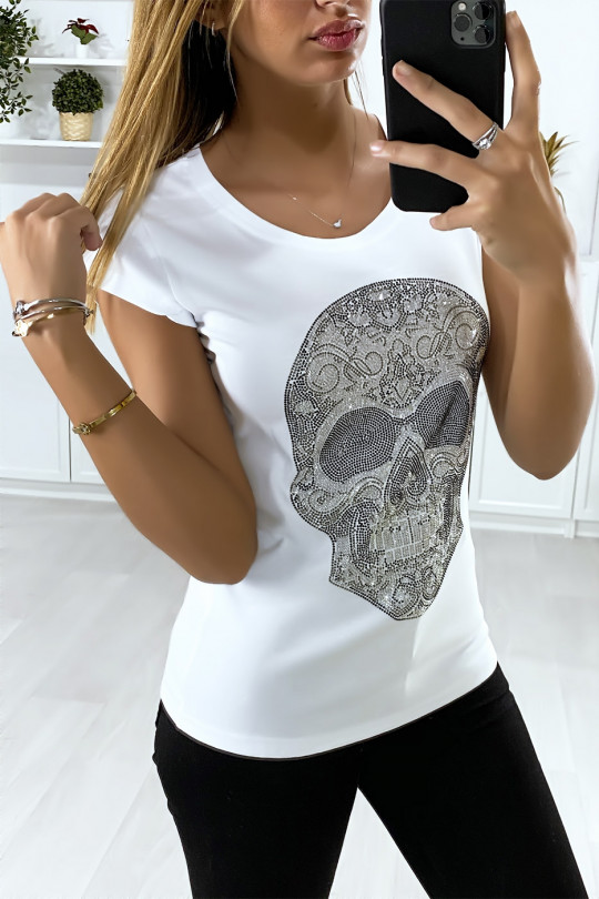 T-shirt blanc pour femme avec motif tête en strass - 2