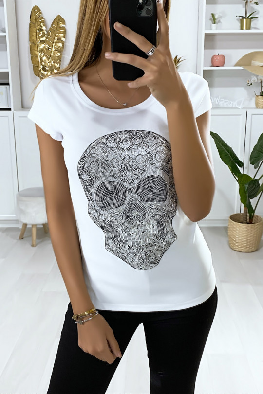 T-shirt blanc pour femme avec motif tête en strass - 3