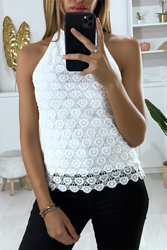 White sleeveless top in lined lace with tie at the collar - 1