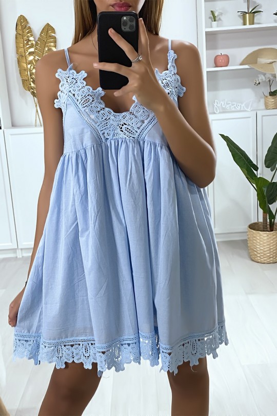 Blue tunic dress with straps with embroidery at the bust and at the bottom - 4