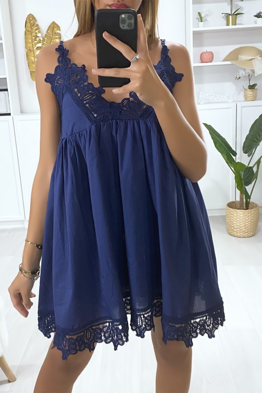 Navy tunic dress with straps with embroidery on the bust and bottom - 1