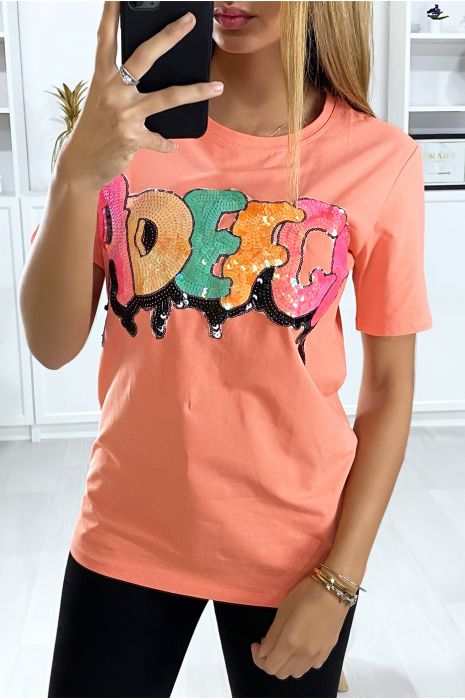 T-shirt rose avec écriture pailleté. Mode femme pas cher - 1