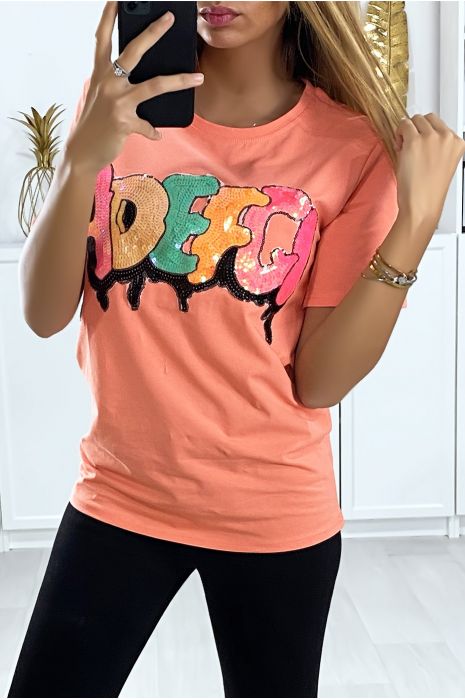 T-shirt rose avec écriture pailleté. Mode femme pas cher - 4