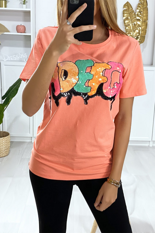 T-shirt rose avec écriture pailleté. Mode femme pas cher