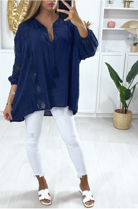 Tunique marine en coton avec dentelle et lacet au col - 3