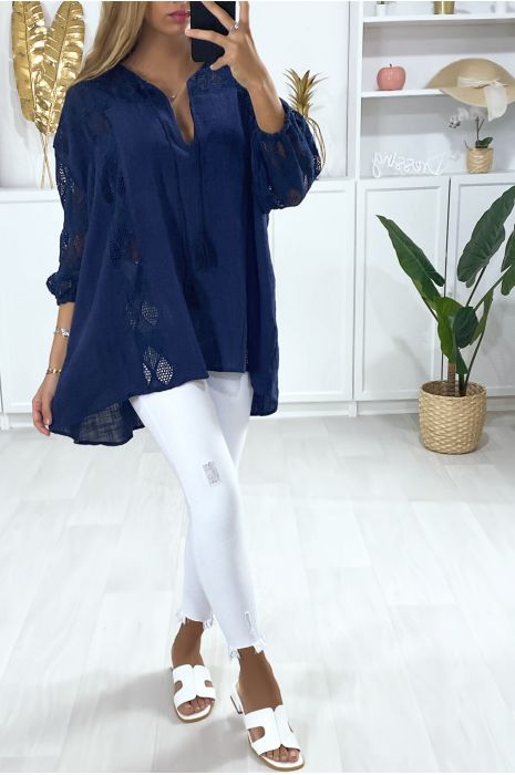 Tunique marine en coton avec dentelle et lacet au col - 4