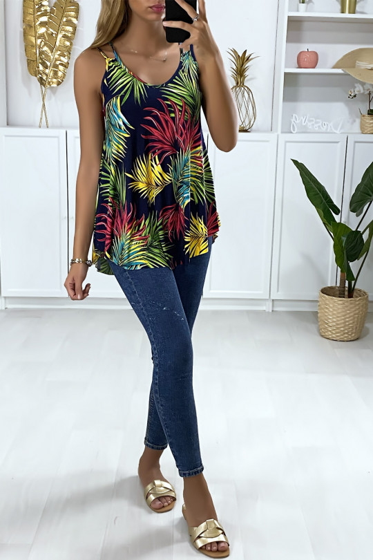 Navy double-strap leaf print tank top - 3