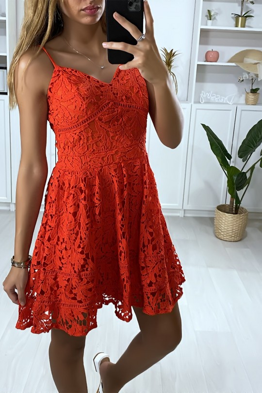 Flared red lace dress with straps - 4