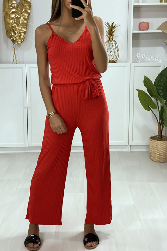 Red jumpsuit with suspender top and belt - 3