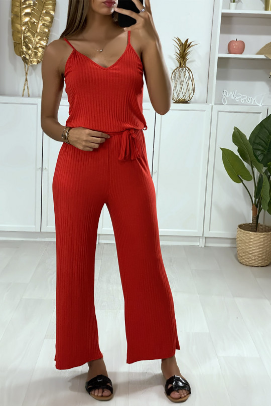 Red jumpsuit with suspender top and belt - 2