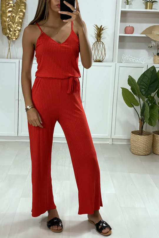 Red jumpsuit with suspender top and belt - 1