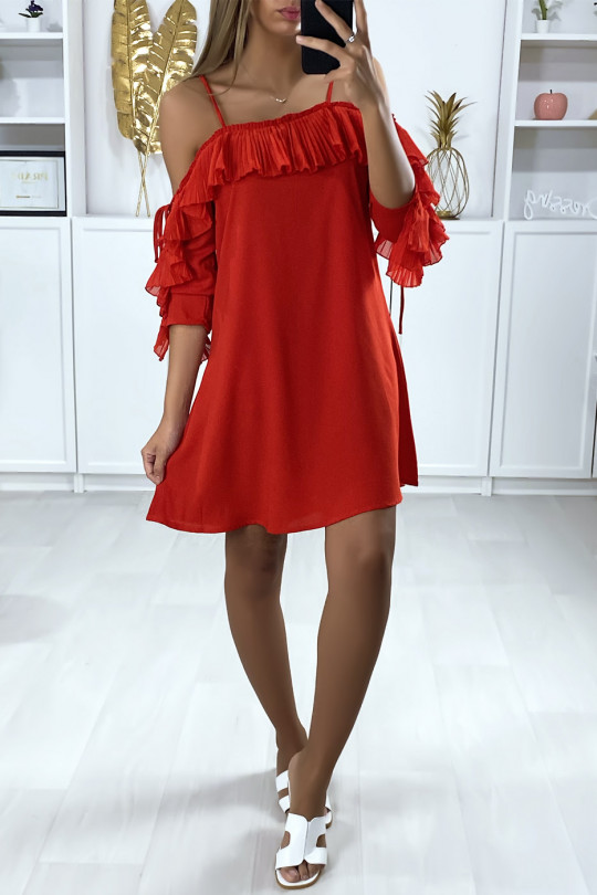 Red ruffle dress with off the shoulders - 3