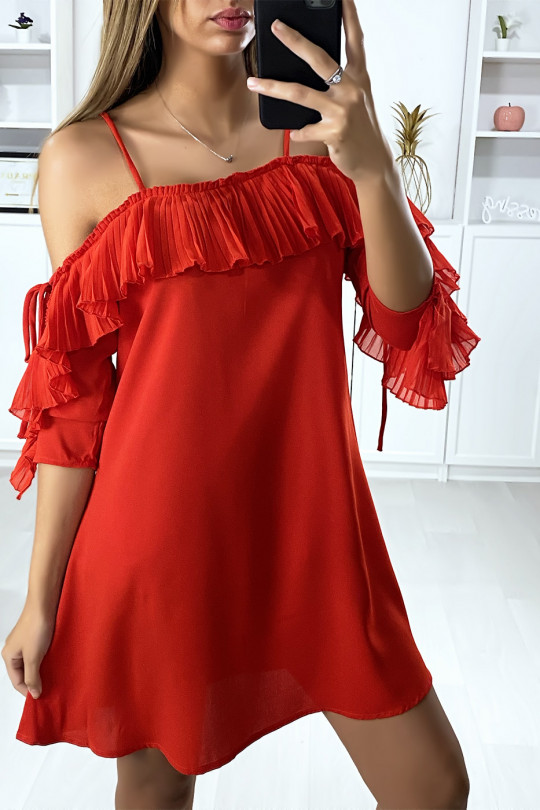 Red ruffle dress with off the shoulders - 1