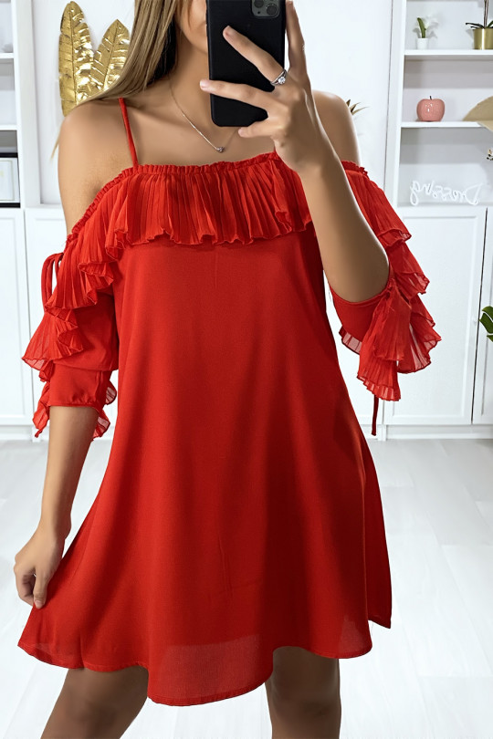 Red ruffle dress with off the shoulders - 2