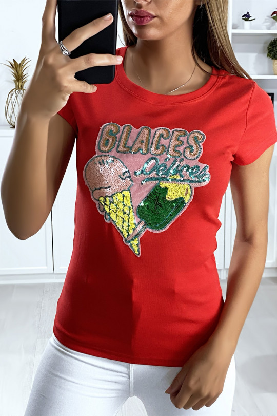 Red T-shirt with sequin print - 3