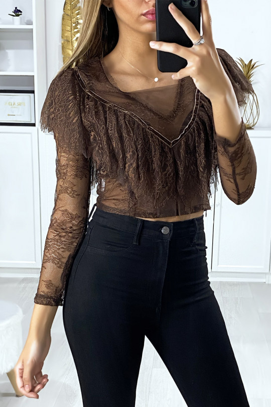 Long sleeve brown lace blouse with ruffle at the bust - 1