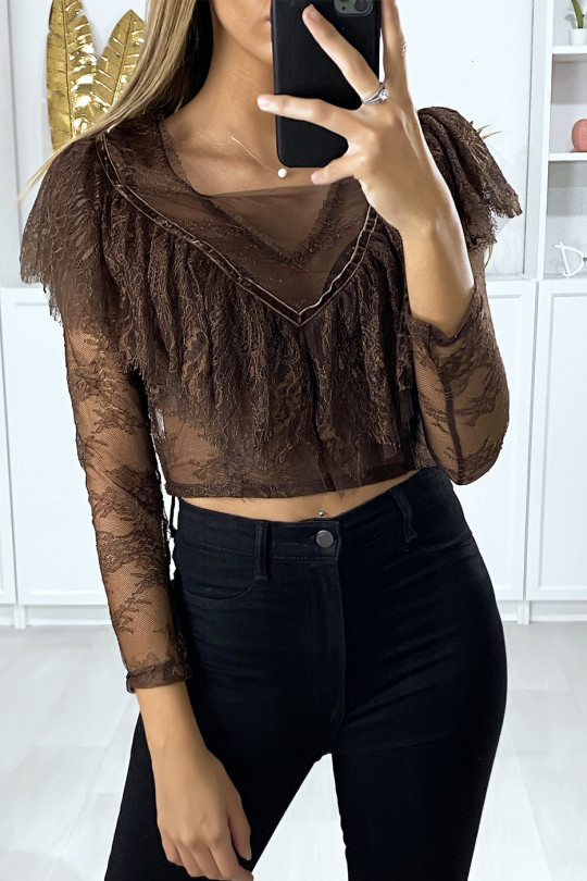 Long sleeve brown lace blouse with ruffle at the bust - 2