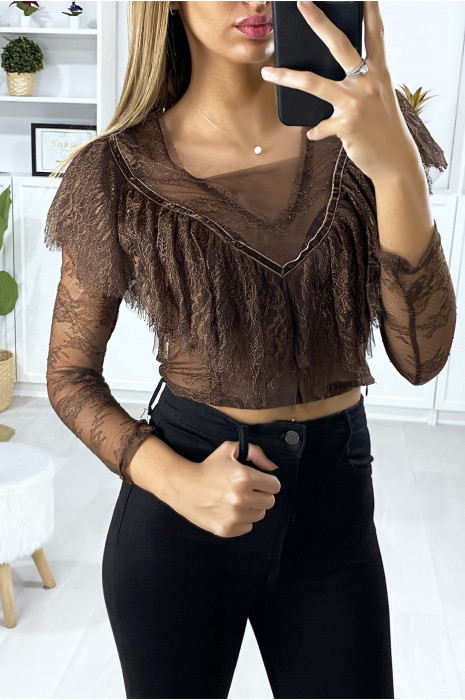 Blouse en dentelle marron manche longue avec volant au buste - 3