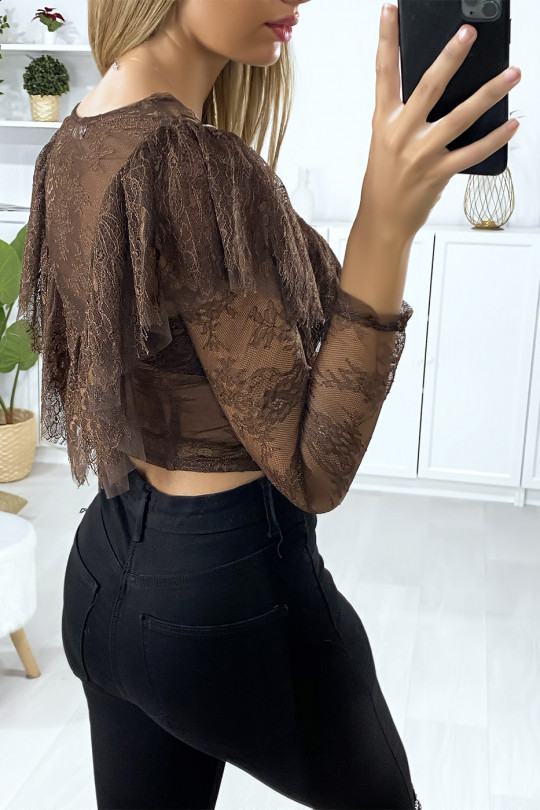 Long sleeve brown lace blouse with ruffle at the bust - 4