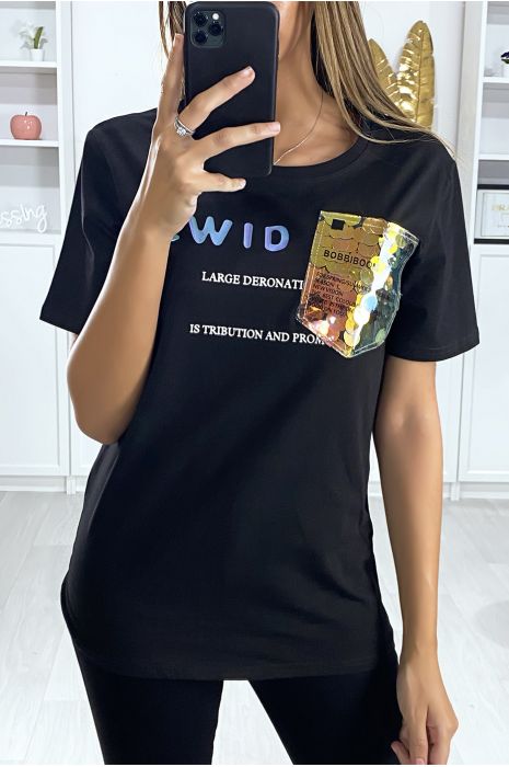 Black T-shirt with writing and sequin pattern - 2