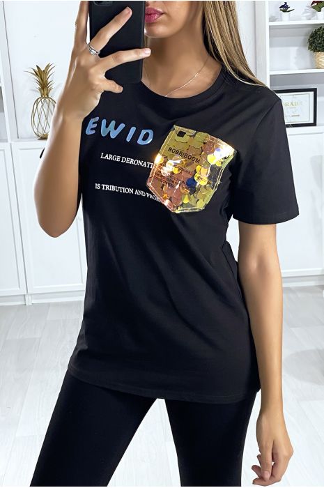 Black T-shirt with writing and sequin pattern - 1