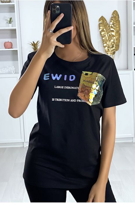 Black T-shirt with writing and sequin pattern - 3