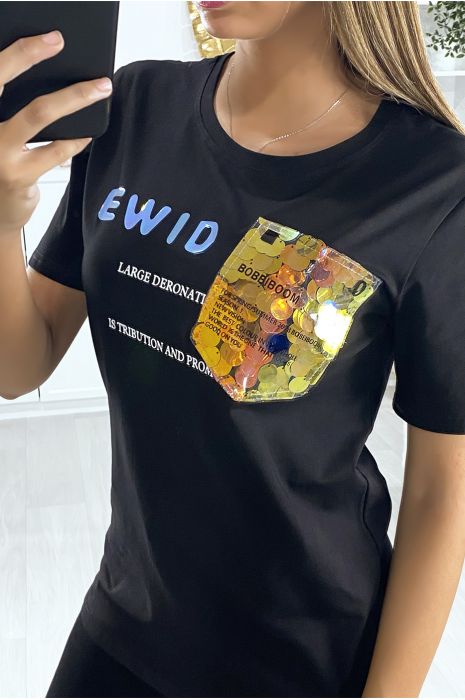 Zwart T-shirt met tekst en paillettenpatroon - 4