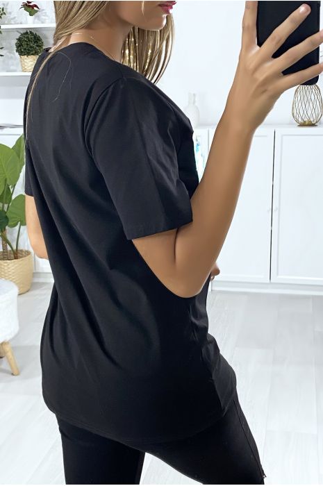 Zwart T-shirt met tekst en paillettenpatroon - 5
