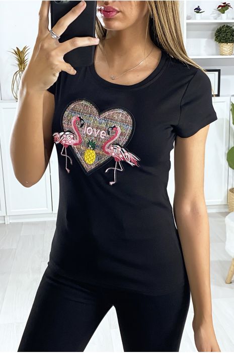 T-shirt noir avec motif brodé à l'avant - 2