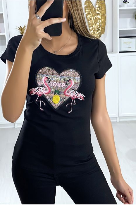 T-shirt noir avec motif brodé à l'avant - 3