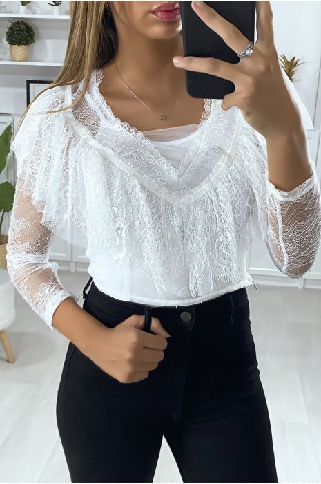 Blouse en dentelle blanche manche longue avec volant au buste - 3
