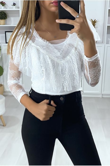 Blouse en dentelle blanche manche longue avec volant au buste - 1