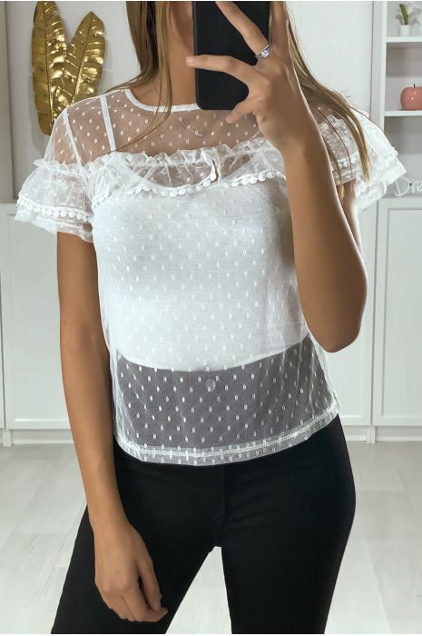 Top blanc en mousseline avec dentelle et volant - 3
