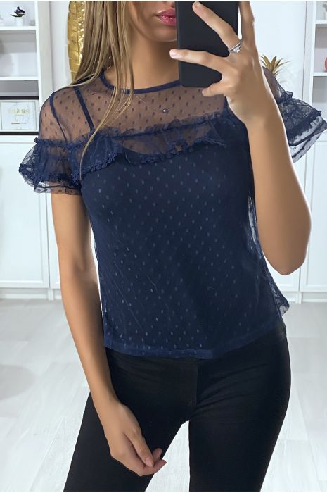 Top marine en mousseline avec dentelle et volant - 2