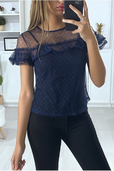 Top marine en mousseline avec dentelle et volant - 1