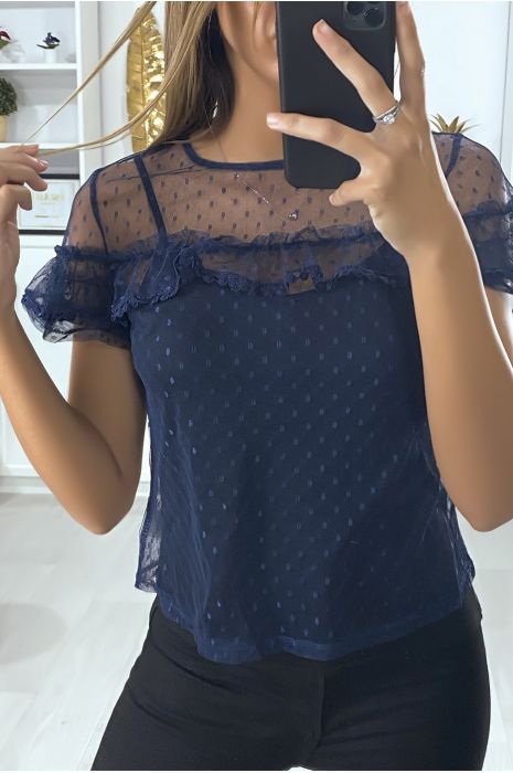 Top marine en mousseline avec dentelle et volant - 3