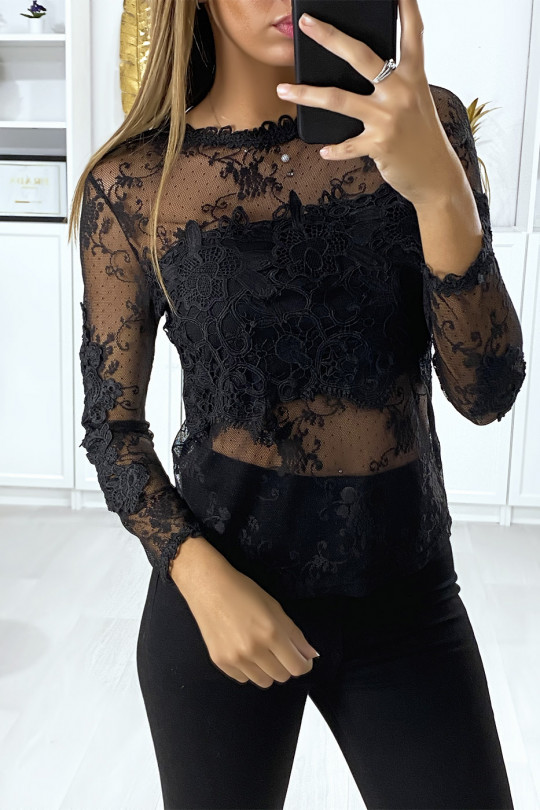 Black lace blouse lined at the chest - 2