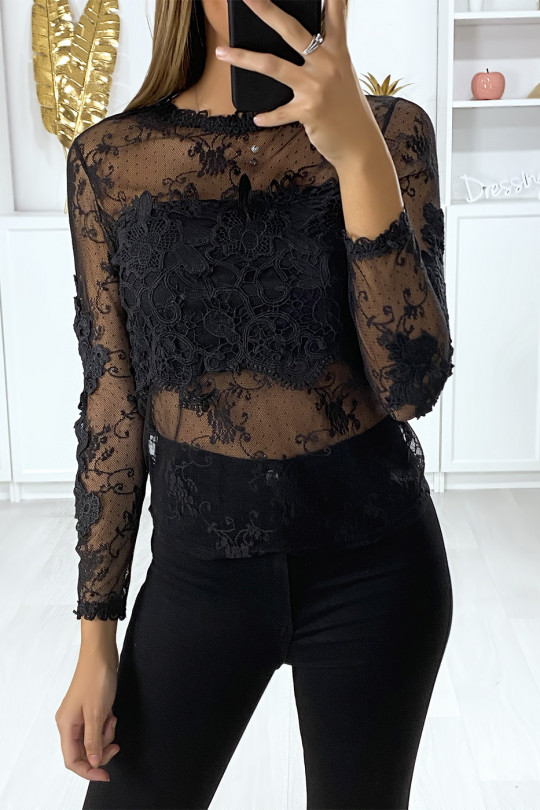 Black lace blouse lined at the chest - 3