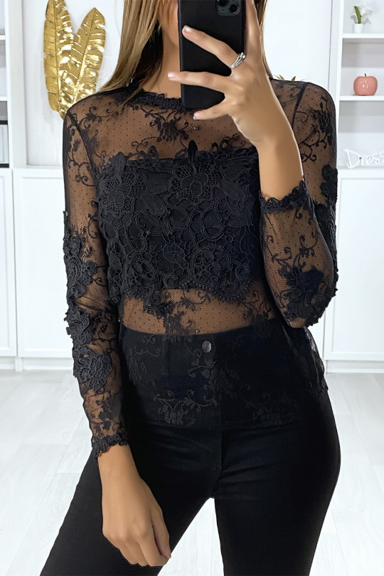 Black lace blouse lined at the chest - 1