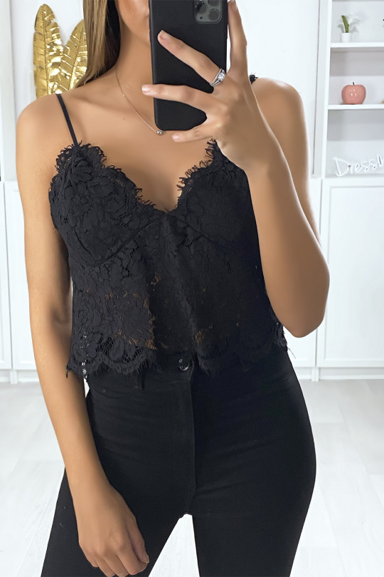 Black lace tank top with removable strap - 2