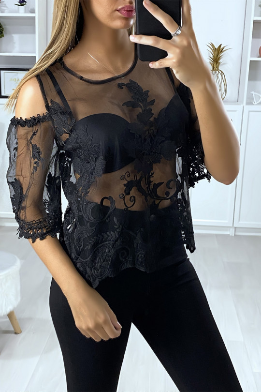 Off-the-shoulder zwarte tule blouse met borduursel - 3