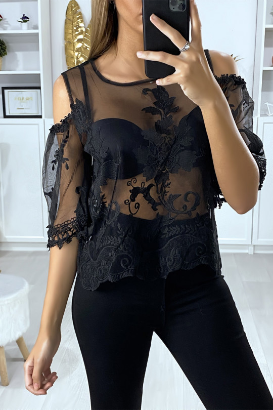 Off-the-shoulder black tulle blouse with embroidery - 1