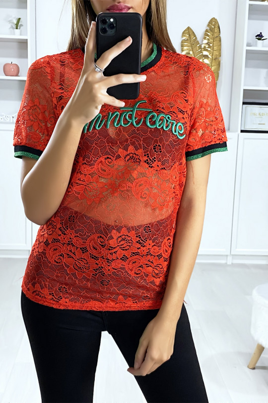 Red lace T-shirt with embroidered writing - 1