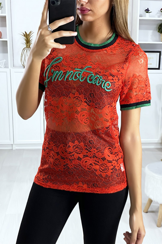 Red lace T-shirt with embroidered writing - 2
