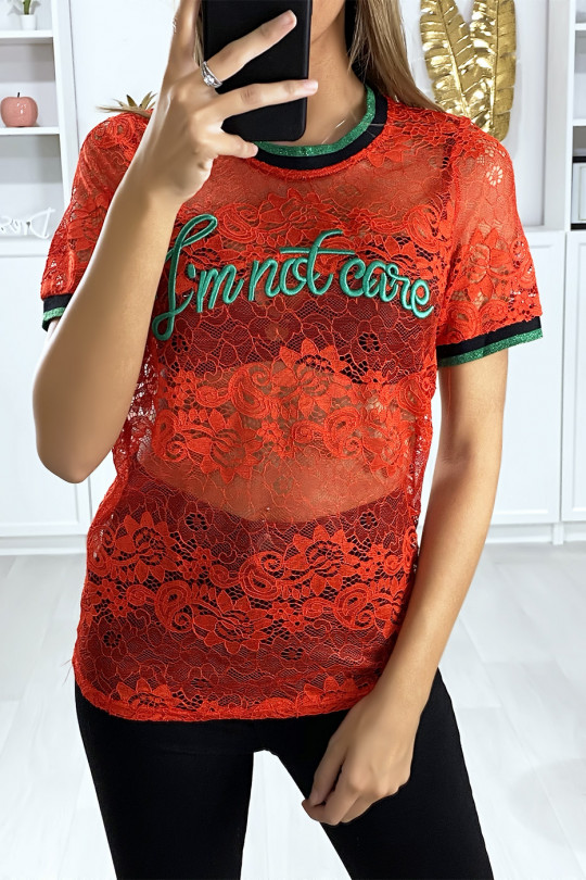 Red lace T-shirt with embroidered writing - 4