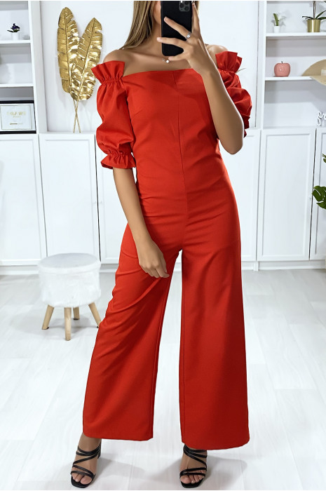 Red boat neck jumpsuit with frills on the shoulders - 1